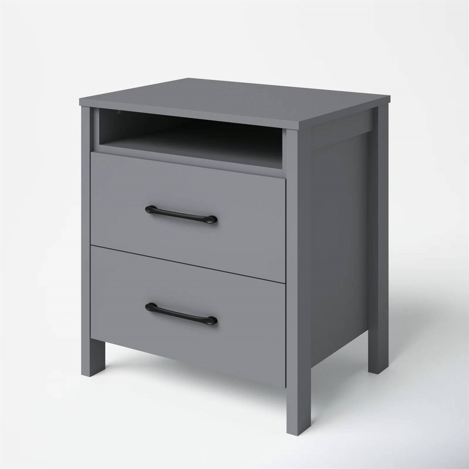 Modern 2-Drawer Bedside Table Nightstand with Open Shelf in Grey Wood Finish-3
