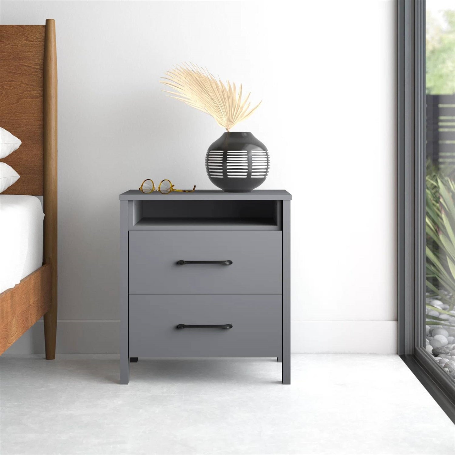 Modern 2-Drawer Bedside Table Nightstand with Open Shelf in Grey Wood Finish-4