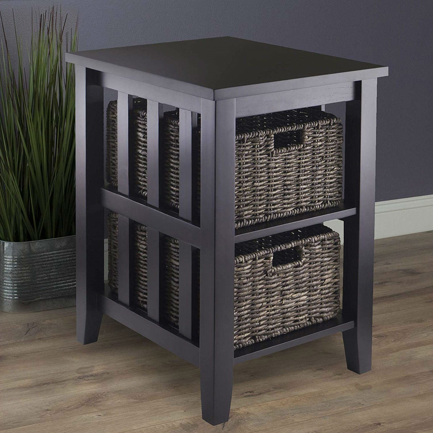 Espresso 3 Tier Bookcase Shelf Accent Table with 2 Small Storage Baskets-3