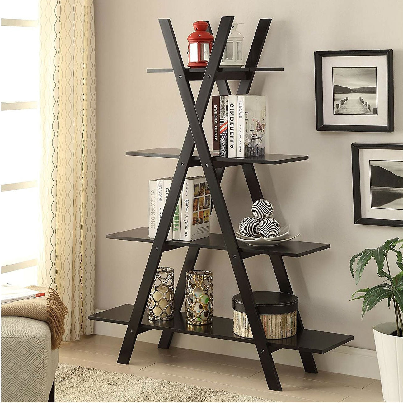 Modern A-Frame 4-Shelf Bookcase Bookshelf Display Shelves-2