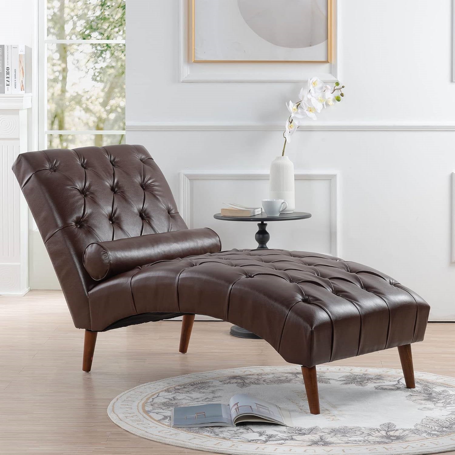 Brown PU Leather Upholstered Armless Chaise Lounge Chair with Lumbar Pillow-0