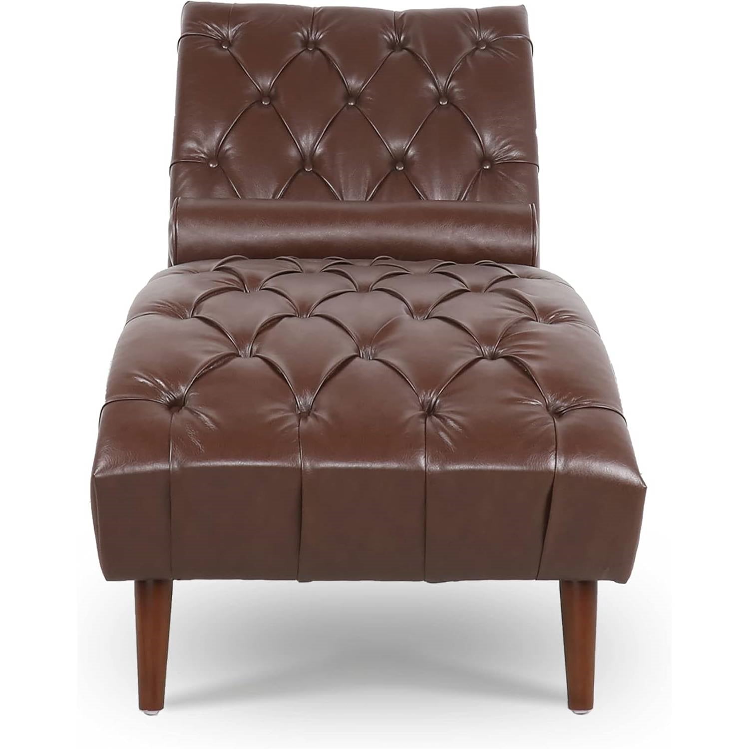 Brown PU Leather Upholstered Armless Chaise Lounge Chair with Lumbar Pillow-1