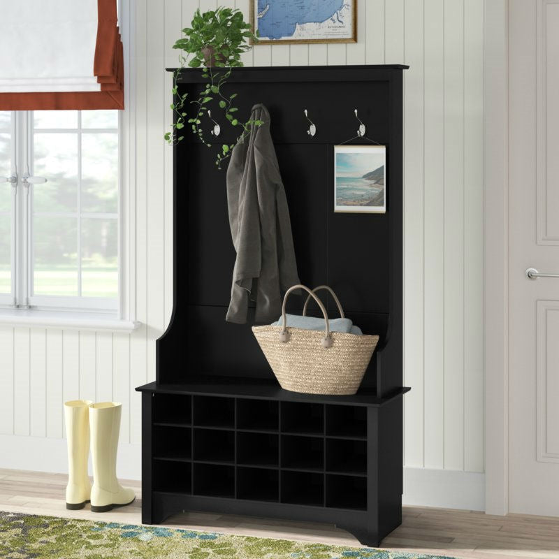 Black Entryway Hall Tree Shoe Cubbie Coat Rack-2