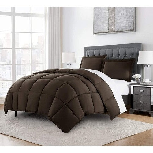 Queen Size Reversible Microfiber Down Alternative Comforter Set in Brown-0