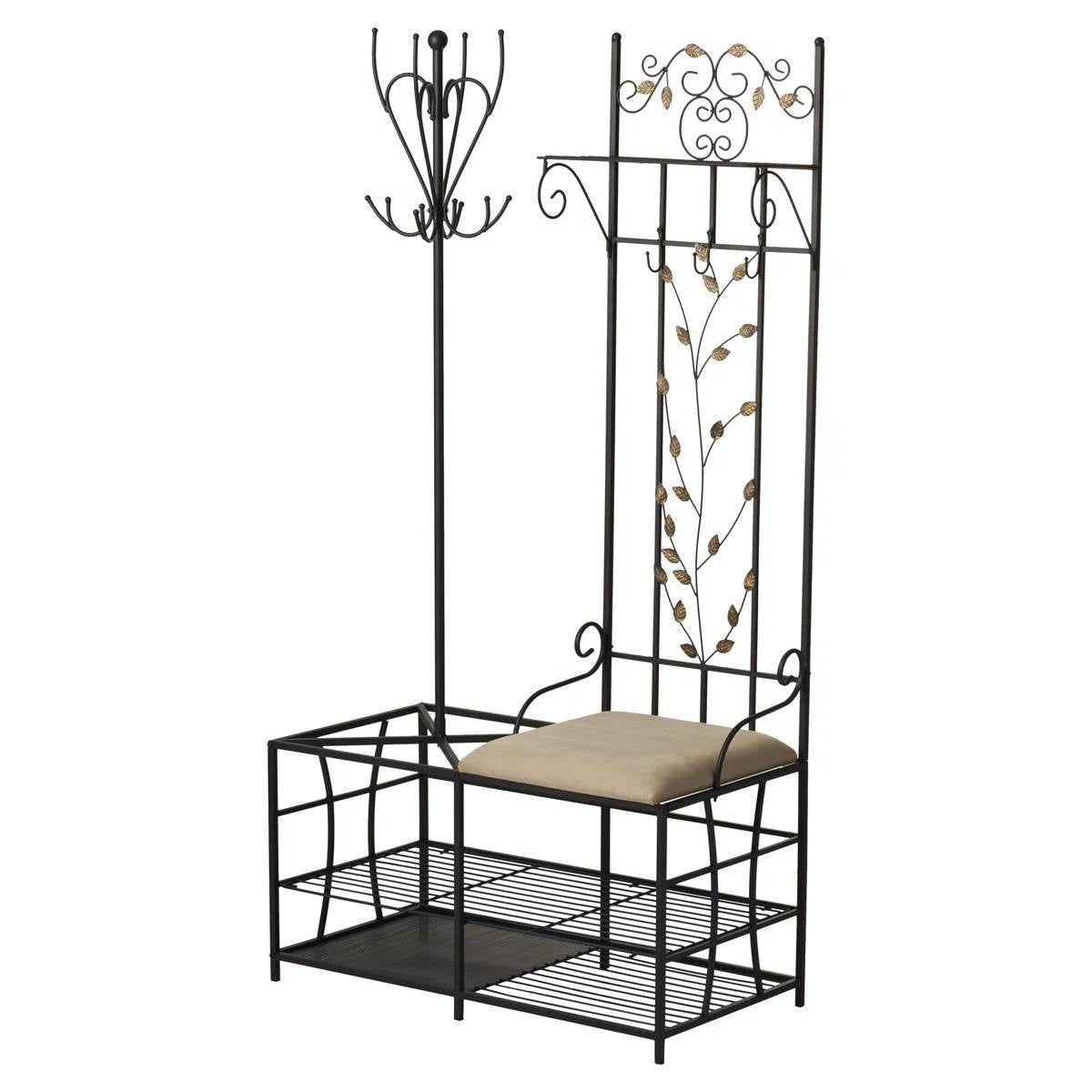 Entryway Hall Tree Coat Rack Storage Bench with Scrolling Leaves Scrollwork-0