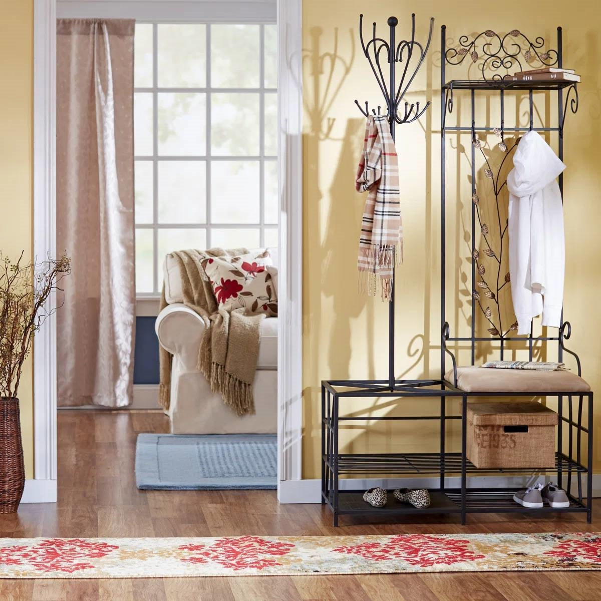 Entryway Hall Tree Coat Rack Storage Bench with Scrolling Leaves Scrollwork-3