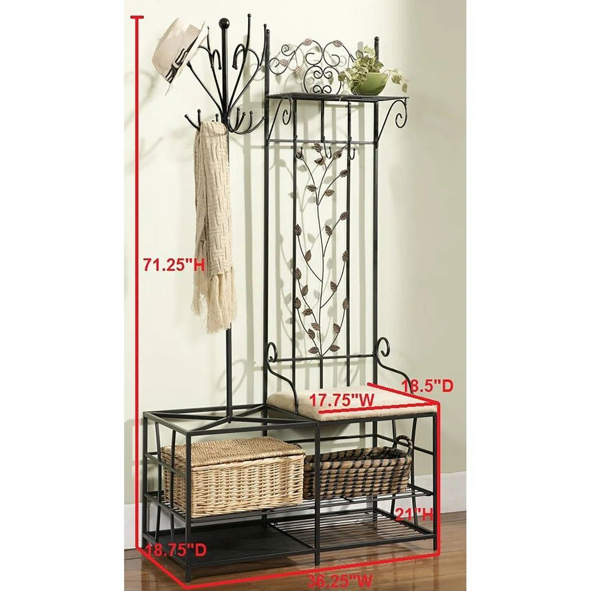 Entryway Hall Tree Coat Rack Storage Bench with Scrolling Leaves Scrollwork-4