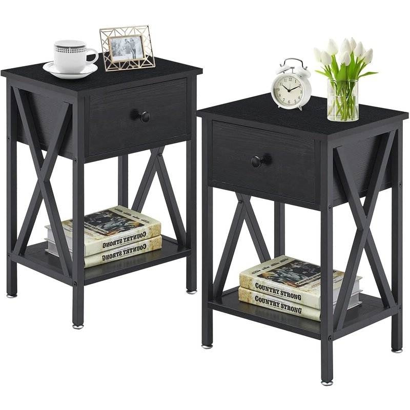 Set of 2 - Rustic 1 Drawer Black Nightstand with X-Shaped Sides-0