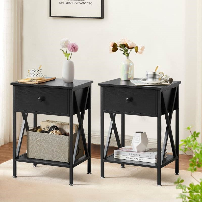 Set of 2 - Rustic 1 Drawer Black Nightstand with X-Shaped Sides-1