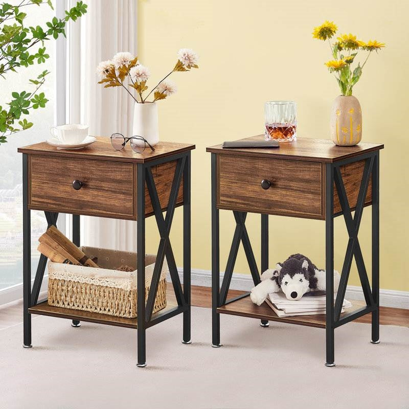 Set of 2 - Rustic 1 Drawer Nightstand in Brown and Black Wood Finish-0