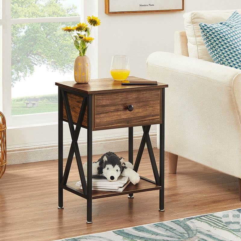 Set of 2 - Rustic 1 Drawer Nightstand in Brown and Black Wood Finish-2