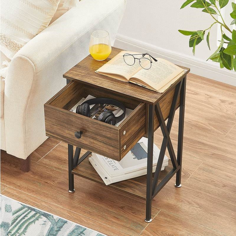 Set of 2 - Rustic 1 Drawer Nightstand in Brown and Black Wood Finish-3