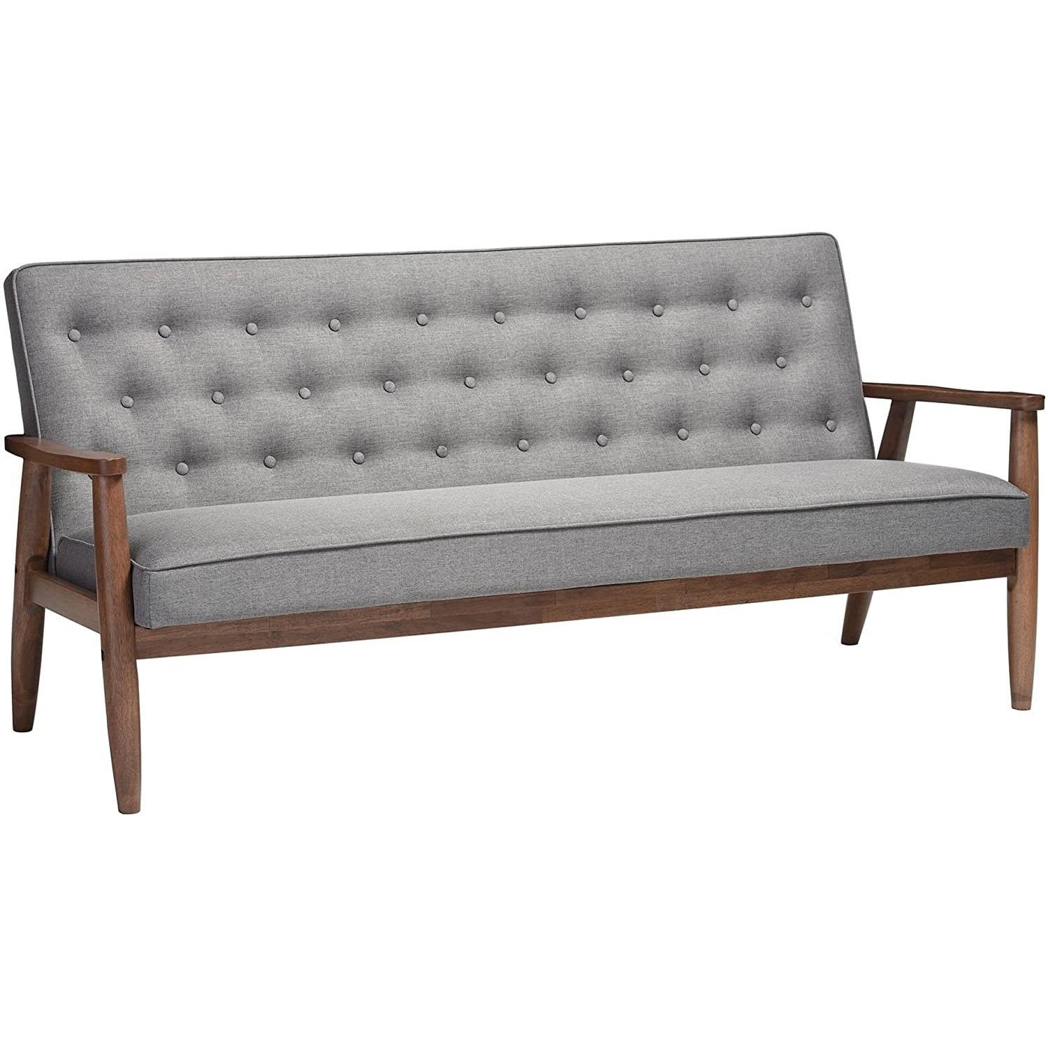 Modern Grey Button-Tufted Upholstered Sofa with Dark Walnut Wood Finish Frame-0