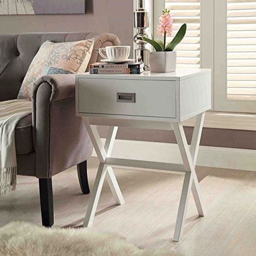 White Modern 1-Drawer End Table Nightstand with X-Legs-0