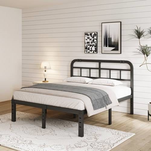 California King Size Heavy Duty Black Metal Platform Bed Frame with Headboard-1