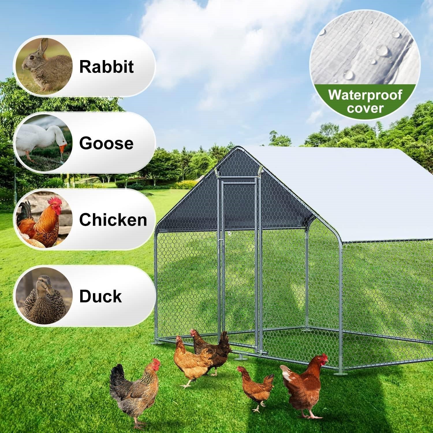 9.8 Ft x 6.5 Ft. Large Metal Outdoor Walk-in Chicken Coop with Waterproof Cover-2