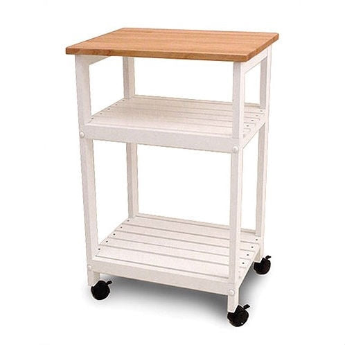 White Kitchen Microwave Cart with Butcher Block Top & Locking Casters-0