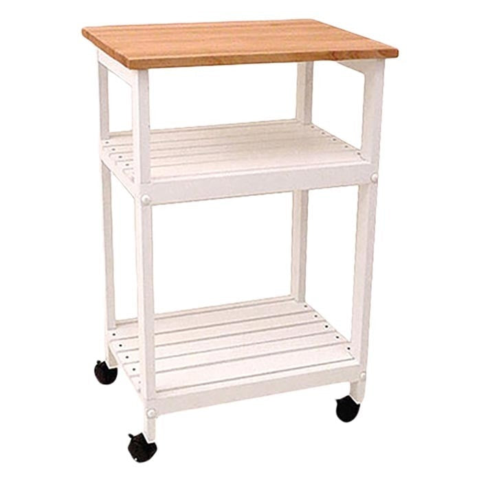 White Kitchen Microwave Cart with Butcher Block Top & Locking Casters-1