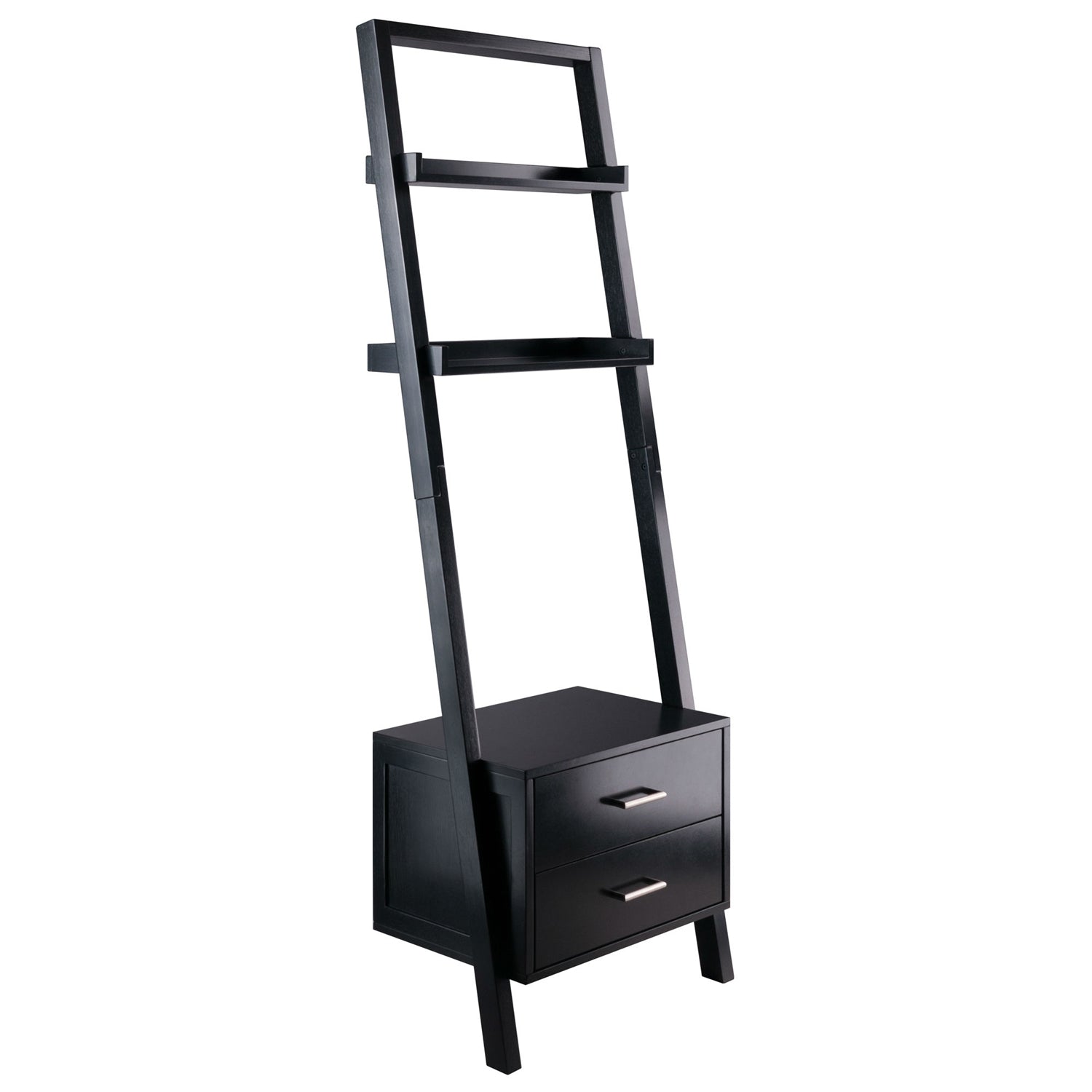 Modern Black 2 Drawer Entryway Shelf Leaning Ladder Bookshelf Bookcase-0