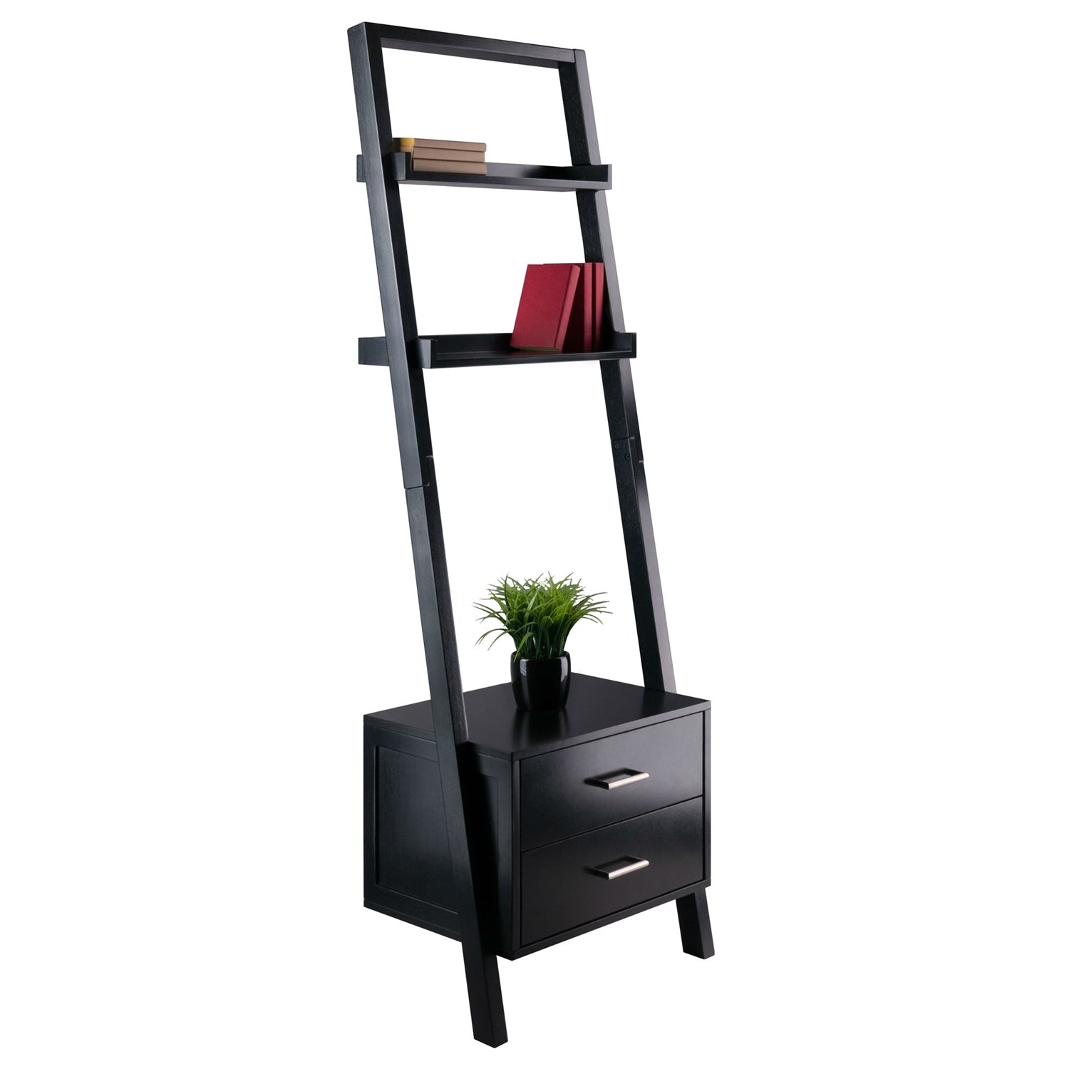 Modern Black 2 Drawer Entryway Shelf Leaning Ladder Bookshelf Bookcase-1