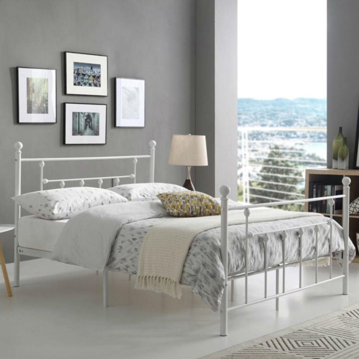 Full size White Classic Metal Platform Bed Frame with Headboard and Footboard-1