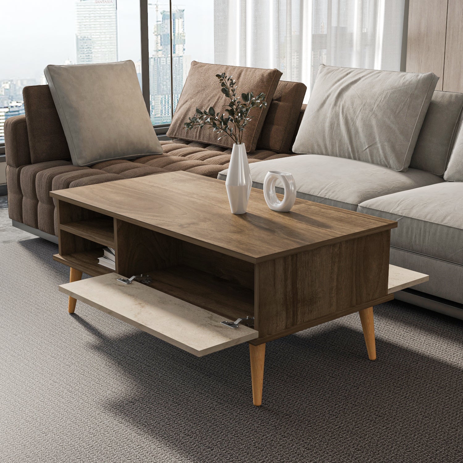 Como 47" Modern Coffee Table with Hidden Compartment and Open Shelves