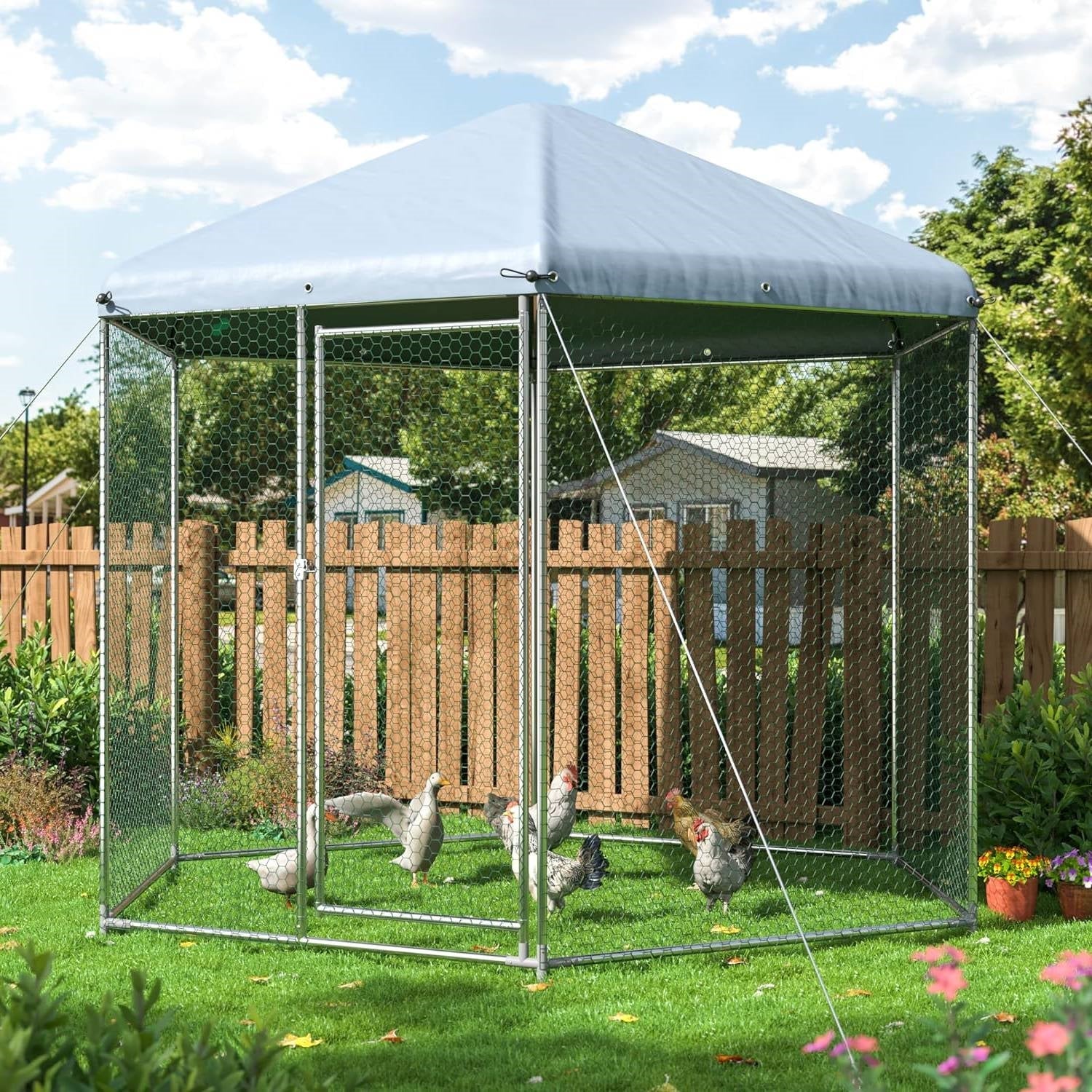 Hexagonal 9.2 Ft Outdoor Backyard Walk-in Metal Chicken Coop w/ Waterproof Cover-0