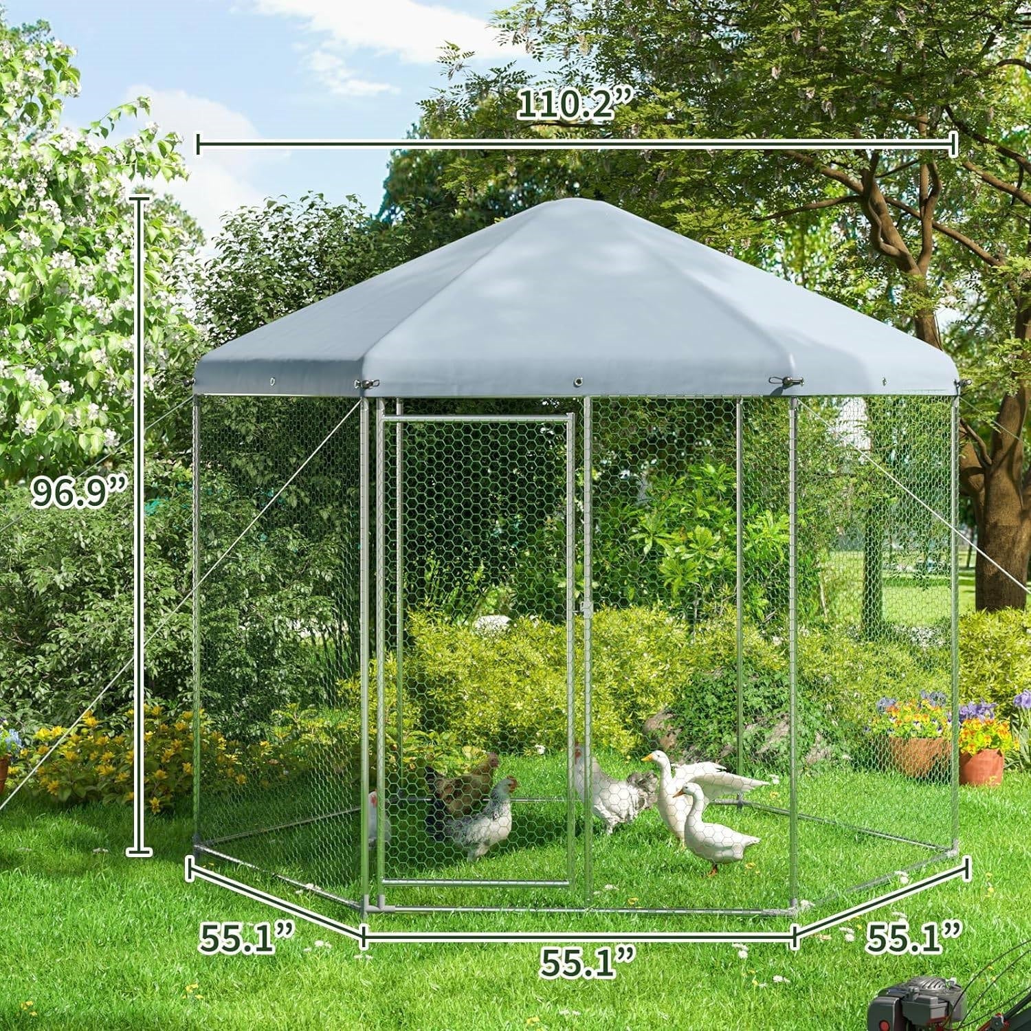 Hexagonal 9.2 Ft Outdoor Backyard Walk-in Metal Chicken Coop w/ Waterproof Cover-4