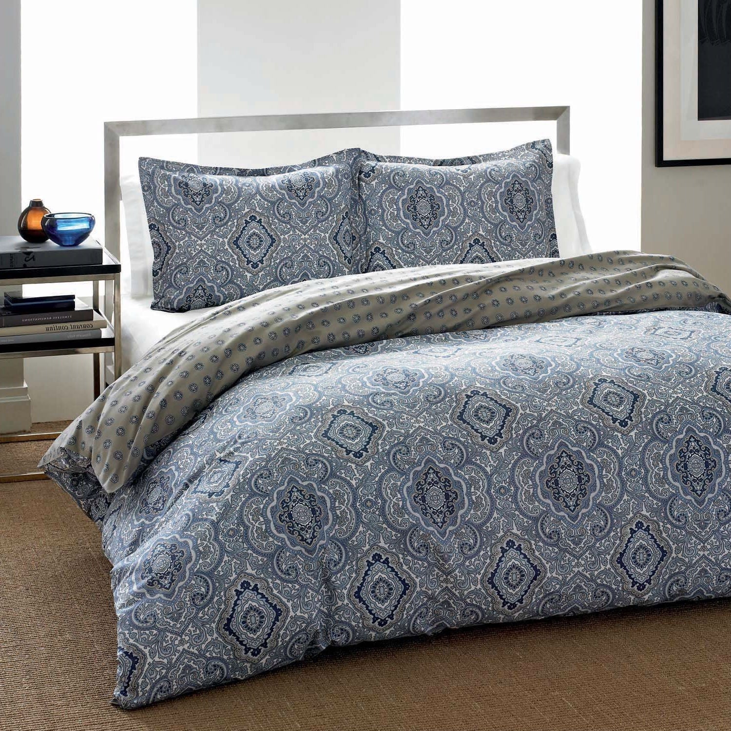 Twin size 2-Piece Cotton Comforter Set with Blue Gray Medallion Pattern-0