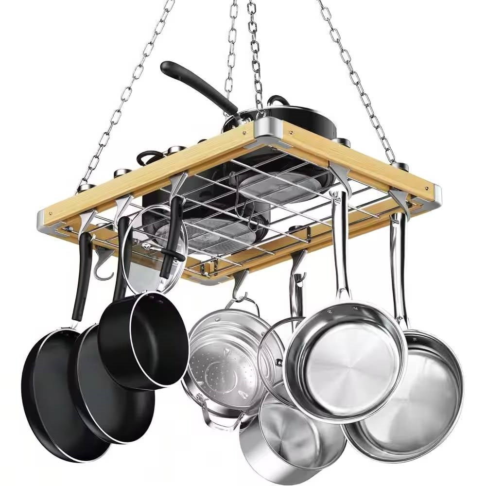 Rectangular 23.5-inch Metal Wood Ceiling Mounted Kitchen Pot Rack-0