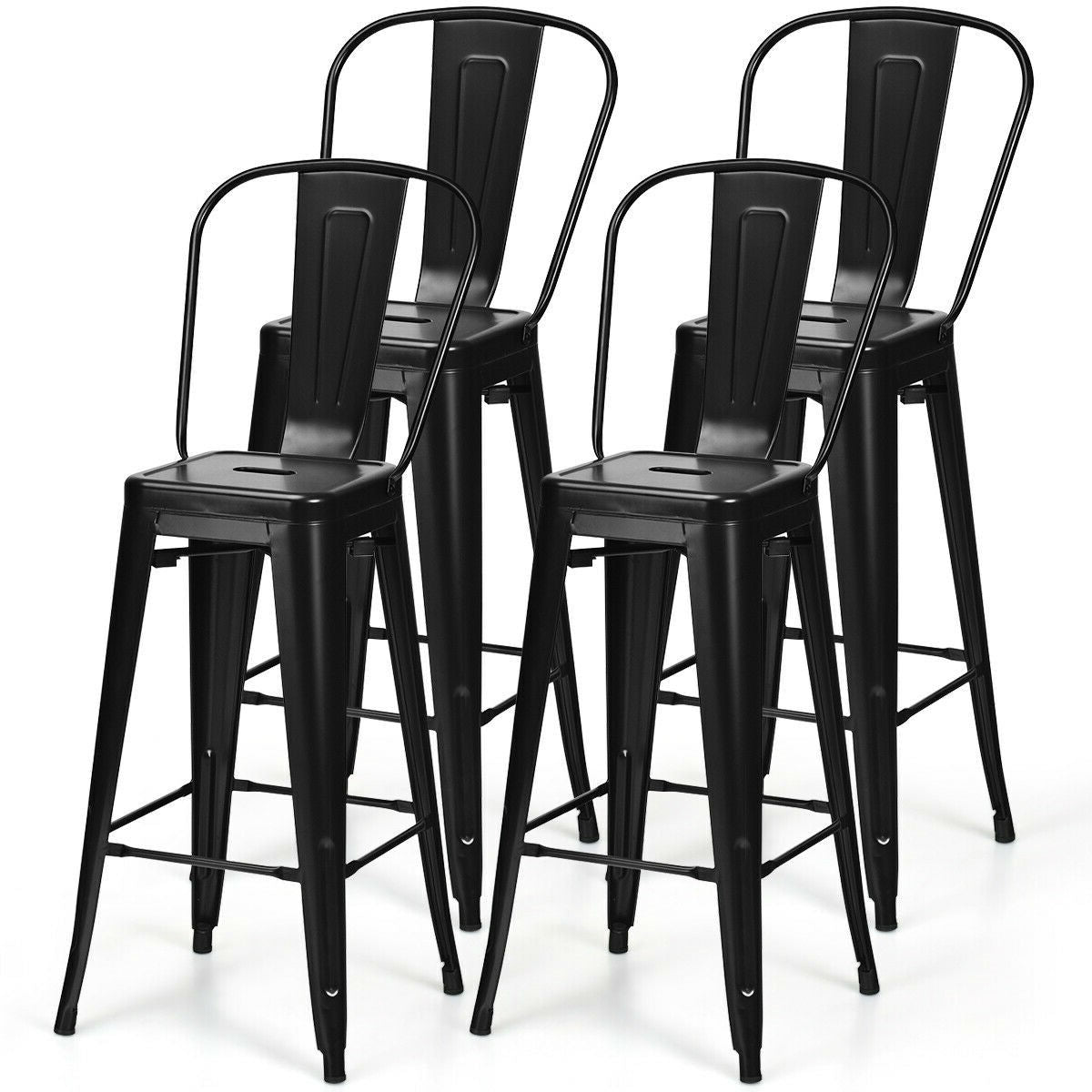 Set of 4 Black 30" Height High Back Metal Industrial Bar Stools-0