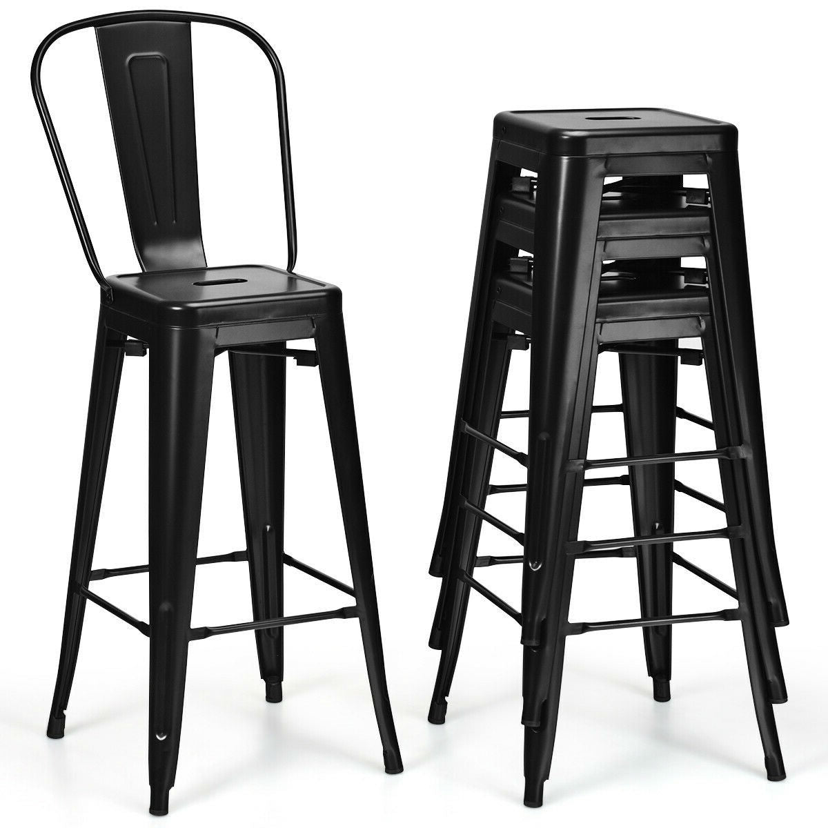 Set of 4 Black 30" Height High Back Metal Industrial Bar Stools-2