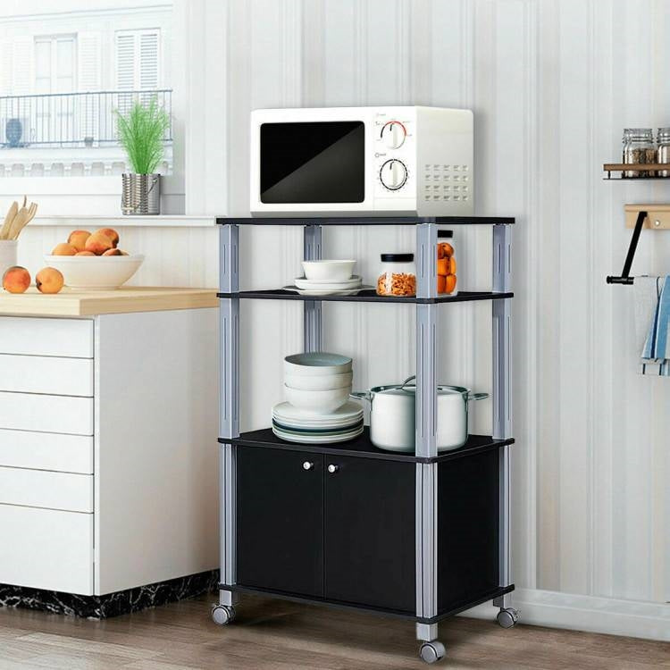 Modern 3-Shelf Kitchen Baker’s Rack Cart on Wheels in Black Wood Finish-2