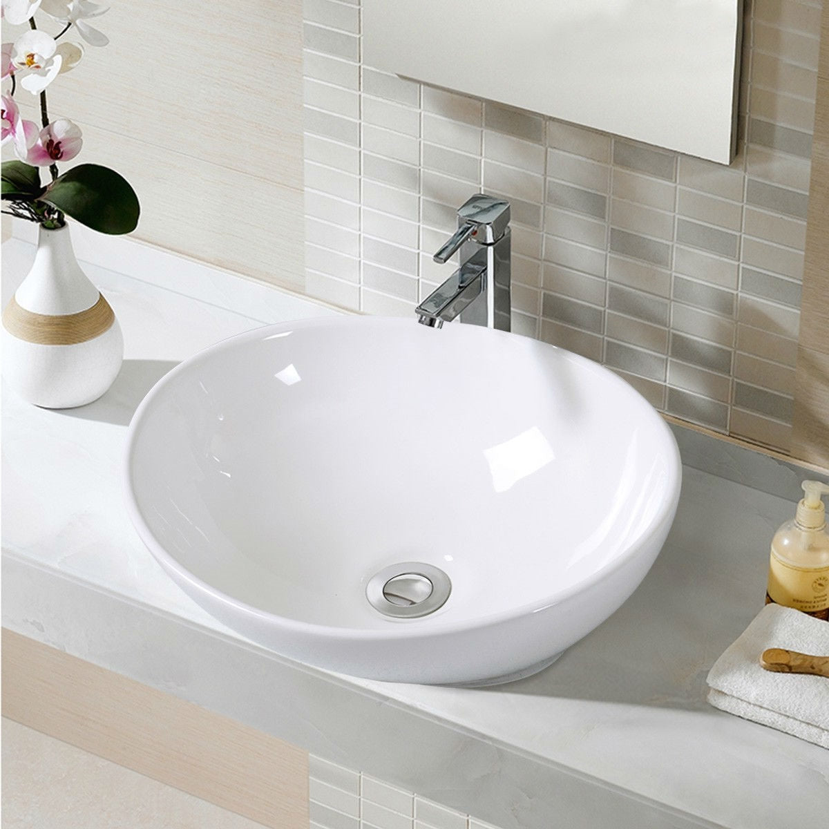 Contemporary Oval Basin Round Vessel Bathroom Sink in White-2