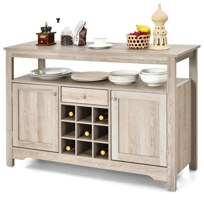 Gray Oak Buffet Server 9 Bottle Wine Cabinet Console-1