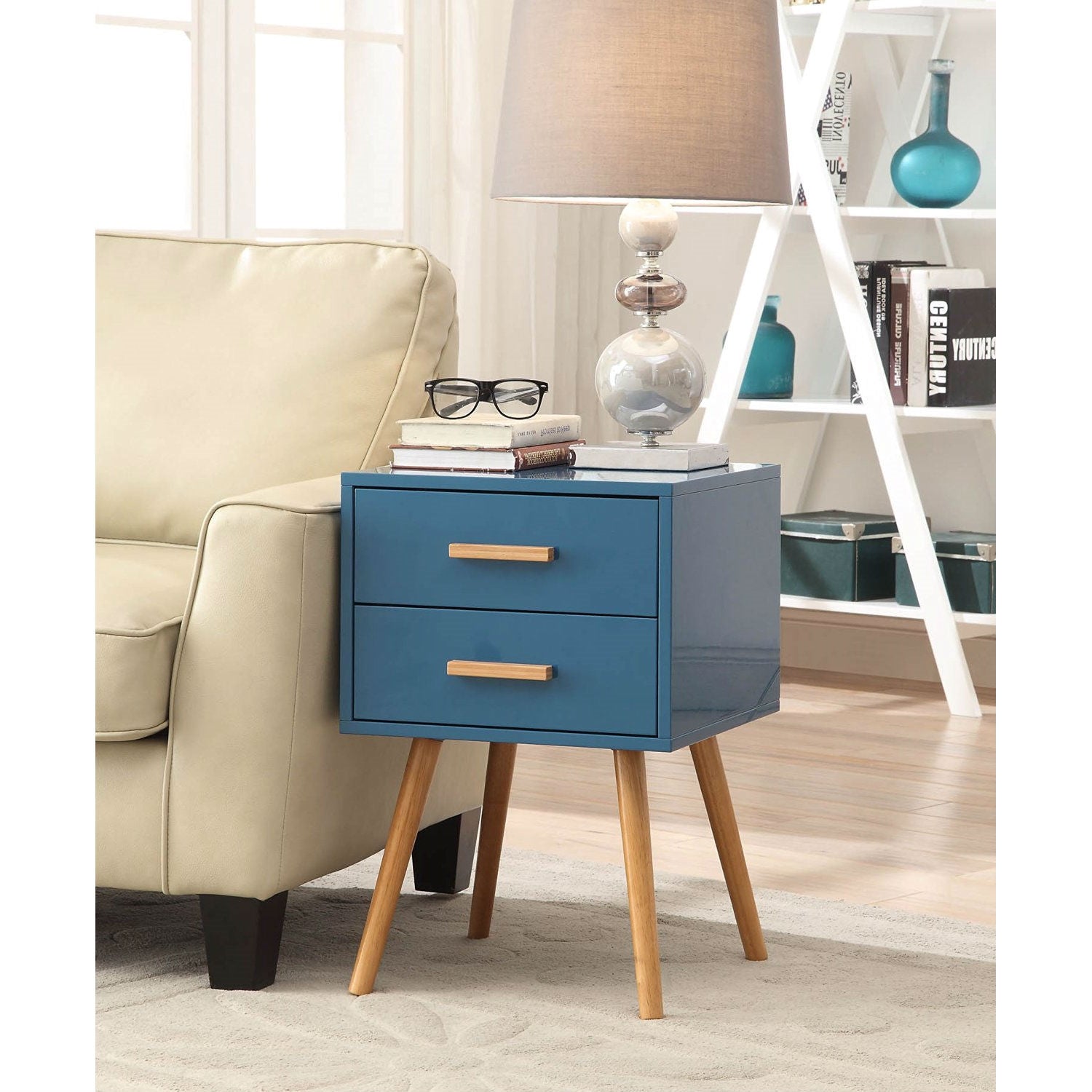 Modern Classic Mid-Century Style End Table Nightstand in Blue Finish-1