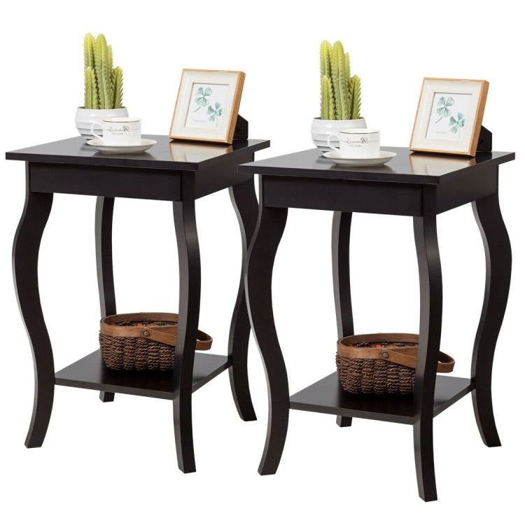 Modern Nightstand End Table with Bottom Shelf in Espresso Wood Finish - Set of 2-0