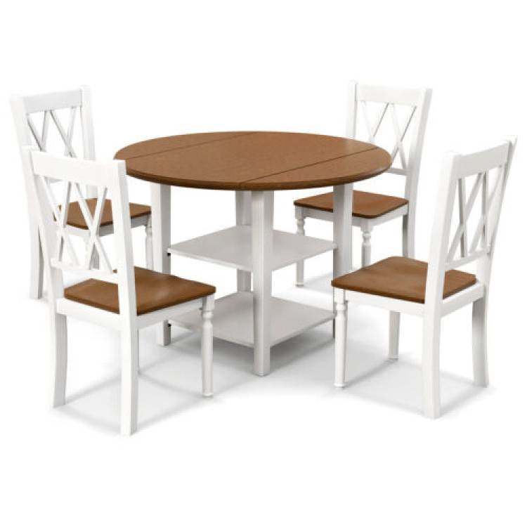 Round Drop Leaf Dining Table Set with 4 Chairs in White/Walnut Wood Finish-0