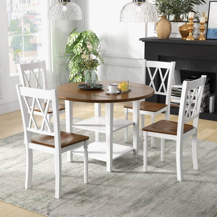 Round Drop Leaf Dining Table Set with 4 Chairs in White/Walnut Wood Finish-1