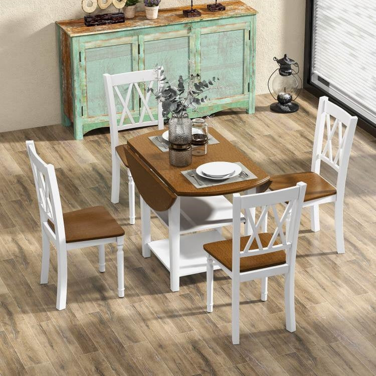 Round Drop Leaf Dining Table Set with 4 Chairs in White/Walnut Wood Finish-2