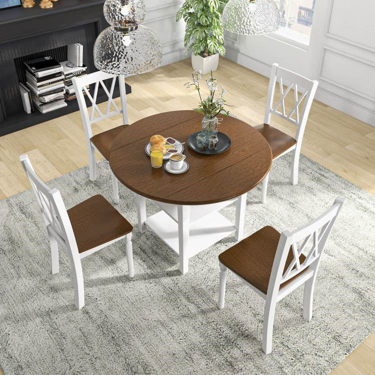 Round Drop Leaf Dining Table Set with 4 Chairs in White/Walnut Wood Finish-3