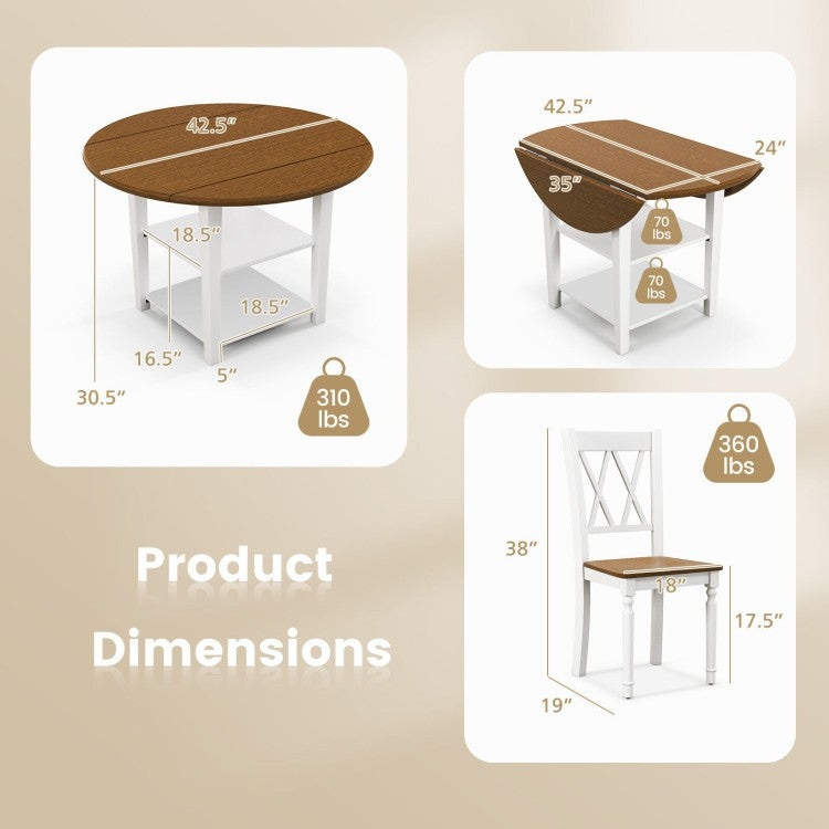 Round Drop Leaf Dining Table Set with 4 Chairs in White/Walnut Wood Finish-4