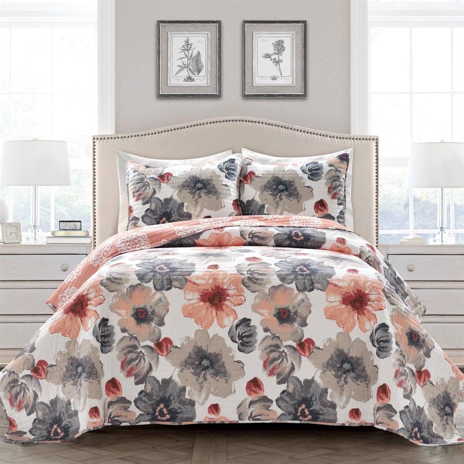 Full/Queen Coral Grey Flowers Lightweight Polyester Microfiber Quilt Set-0