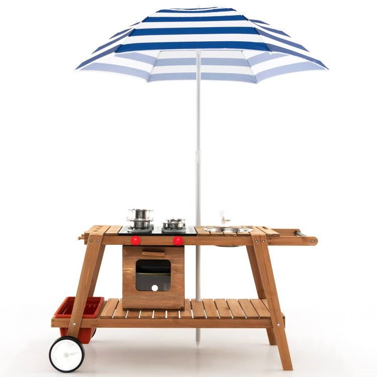 Kids Wooden Play Portable Cook Cart Set Navy/White Sun Proof Umbrella