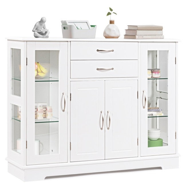 White Wood Buffet Sideboard Cabinet with Glass Display Doors-0