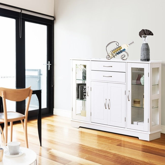 White Wood Buffet Sideboard Cabinet with Glass Display Doors-2