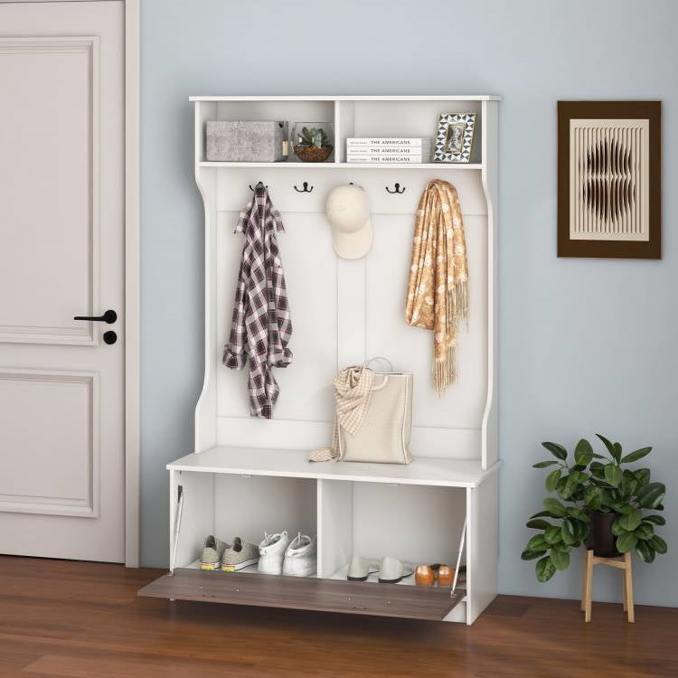 Entryway Bench Coat Rack Shoe Storage Cabinet in White Oak Wood Finish-2