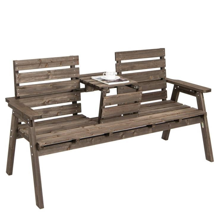 Farmhouse Outdoor Fir Wood Patio Garden Bench with Folding Center Table-1