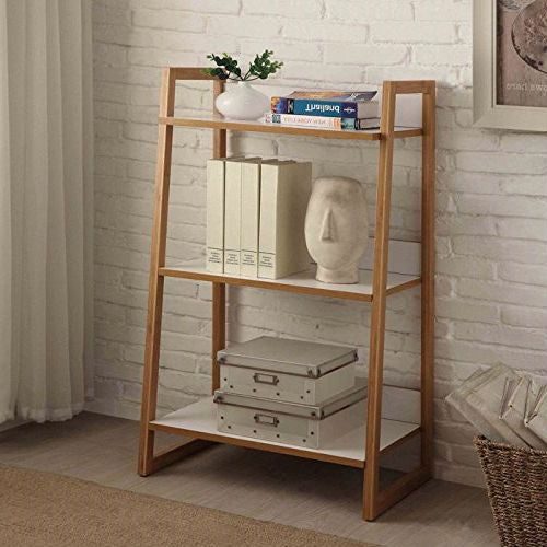 Modern Bookcase with 3 Shelves in Bamboo/White Finish-0