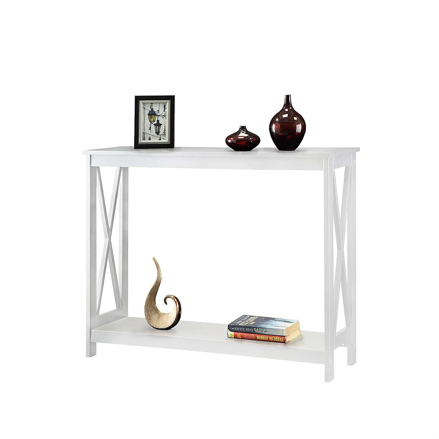 White Wood Console Sofa Table with Bottom Storage Shelf-0